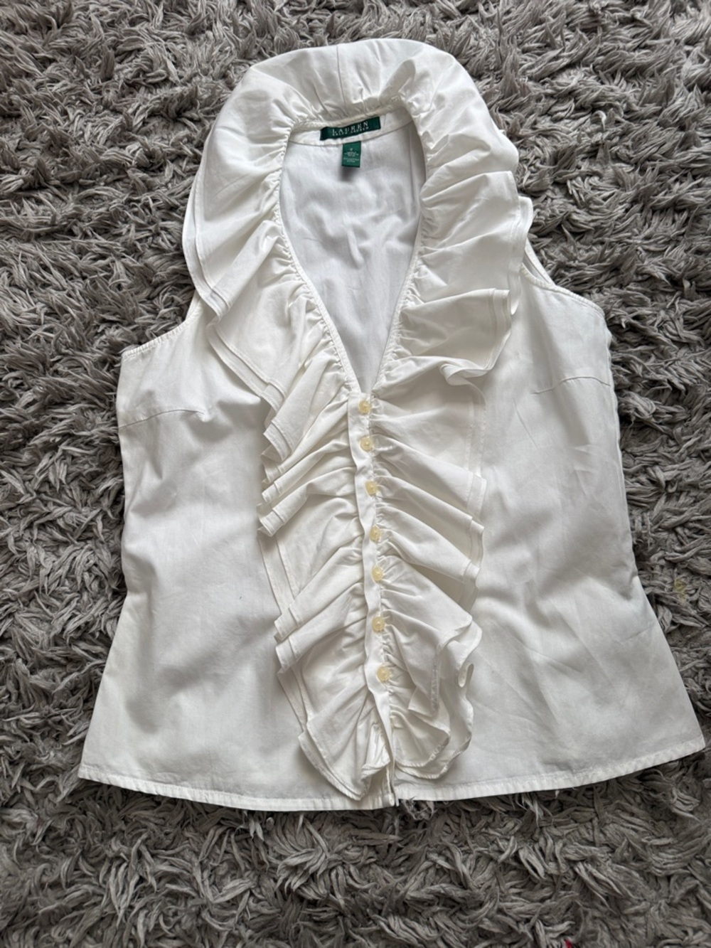 Ralph Lauren White Ruffle Front Sleeveless Blouse